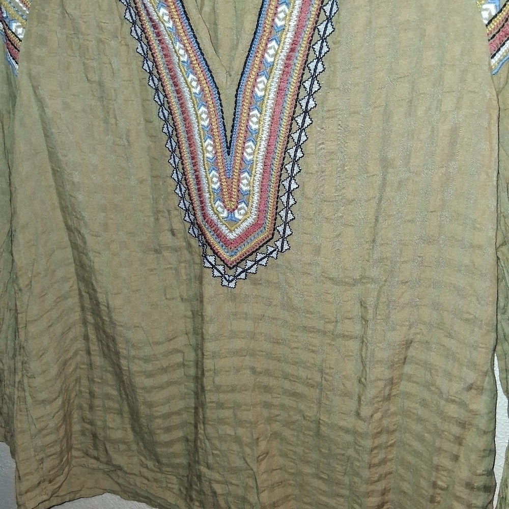Rachel Zoe Olive Green Embroidered Aztec Tunic Top XS - Picture 3 of 6